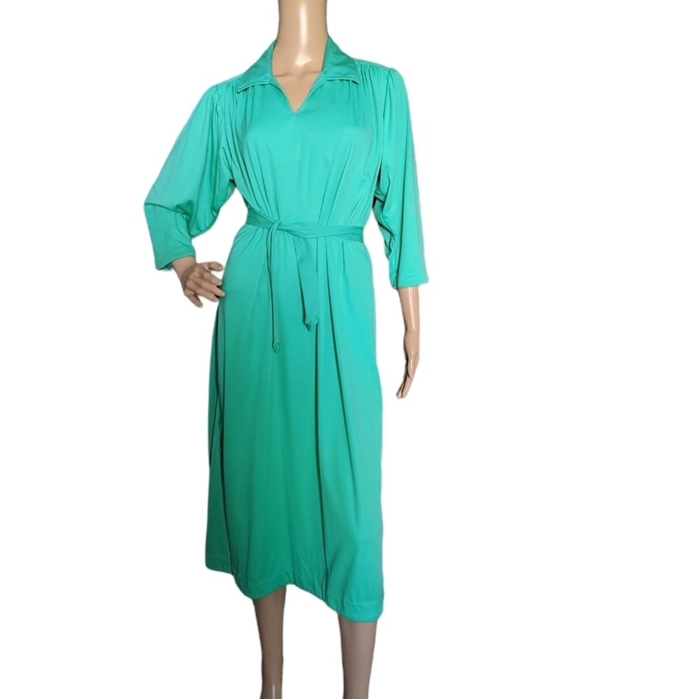 Vintage 70s Green Belted Pointy Collar Disco Day Dress